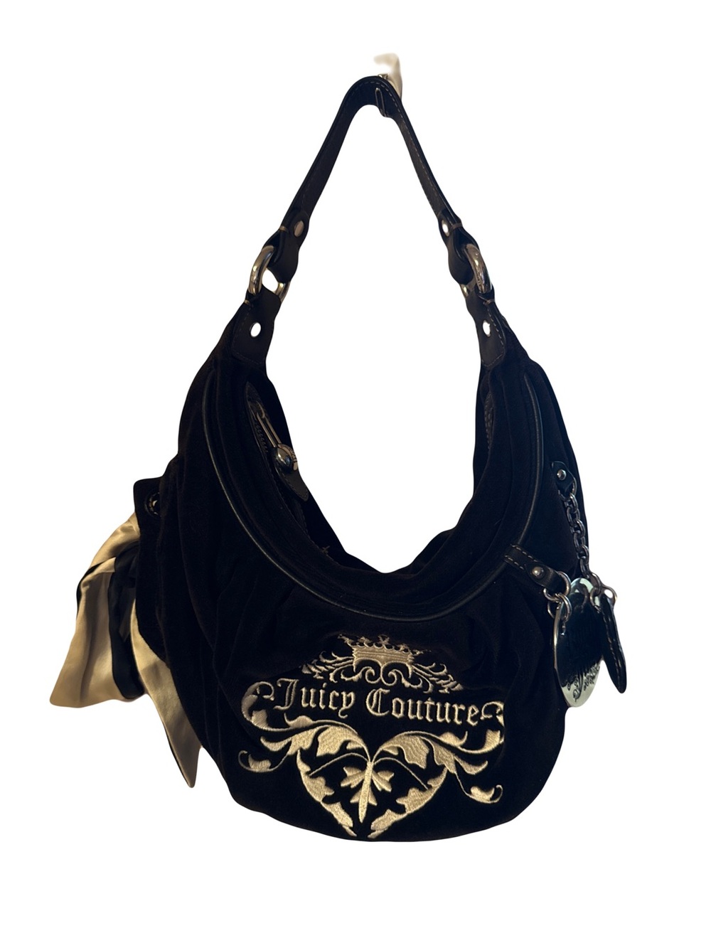 Black Juicy Couture Velour Shoulder Bag with Gold Embroidered Logo
